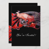 エレガントな赤と黒の孔雀のウェディングパーティー 招待状 (正面/裏面)