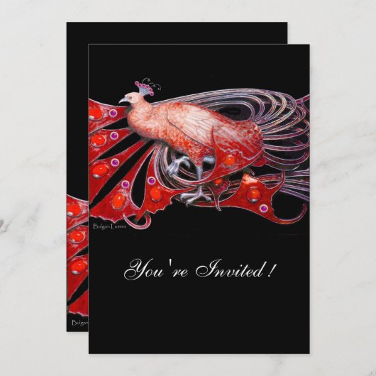 エレガントな赤と黒の孔雀のウェディングパーティー 招待状 (正面/裏面)