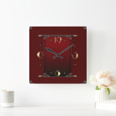 エレガントな赤のアルデコ スクエア壁時計 (ホーム)