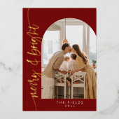 エレガントな赤のアーチ写真ファミリークリスマス 箔シーズンカード (正面)
