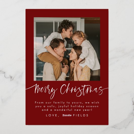 エレガントな赤のアーチ写真ファミリークリスマス 箔シーズンカード (裏面)