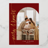 エレガントな赤のアーチ写真 ファミリー クリスマス 箔シーズンカード (正面)