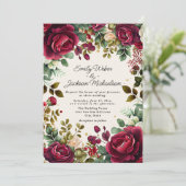 エレガントな赤の水彩花モチーフ ゴールドグリッター 結婚式 招待状 (スタンド正面)