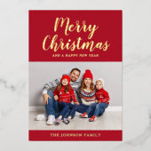エレガントな赤金スクリプトのクリスマス写真 箔シーズンカード (正面)