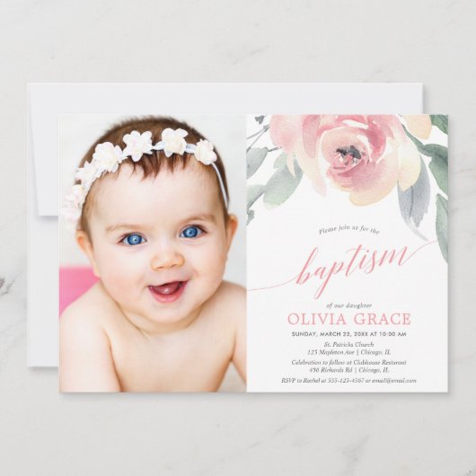 エレガントな赤面のピンクの花の女の子の洗礼の写真 招待状 (正面)