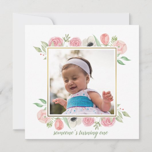 エレガントな赤面のピンク花フレームのベビーの第1誕生日 招待状 (正面)