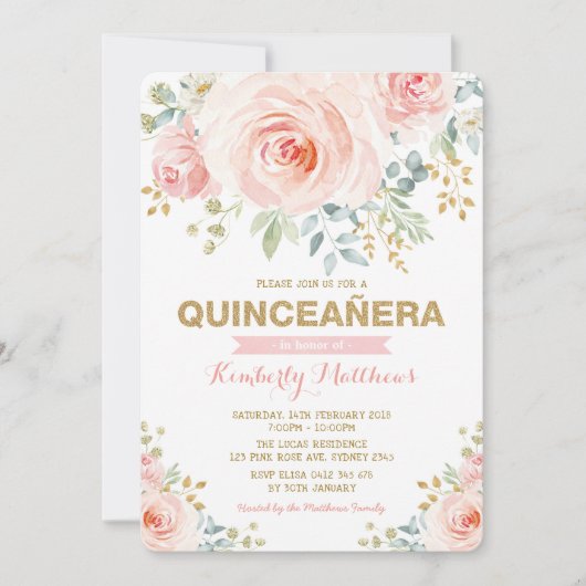 エレガントな赤面の金ゴールドの花の緑の草木Quinceañera 招待状 (正面)