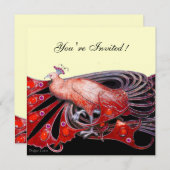 エレガントな赤黒金メタリックの孔雀 招待状 (正面/裏面)