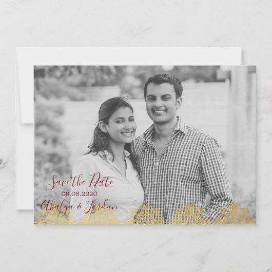 エレガントな赤nの金ゴールドGanesha及びMehndiの保存日付 セーブザデート (正面)