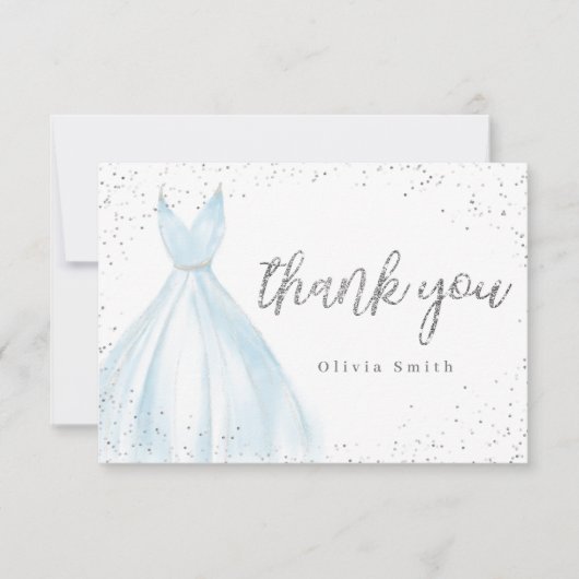 エレガントな輝きのある銀色の青いドレスのキンセアニエラ サンキューカード (正面)