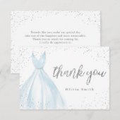 エレガントな輝きのある銀色の青いドレスのキンセアニエラ サンキューカード (正面/裏面)