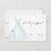エレガントな輝きのある銀青ドレスのキンセアニエラへの返信 出欠カード (正面)