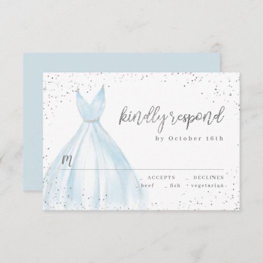 エレガントな輝きのある銀青ドレスのキンセアニエラへの返信 出欠カード (正面/裏面)