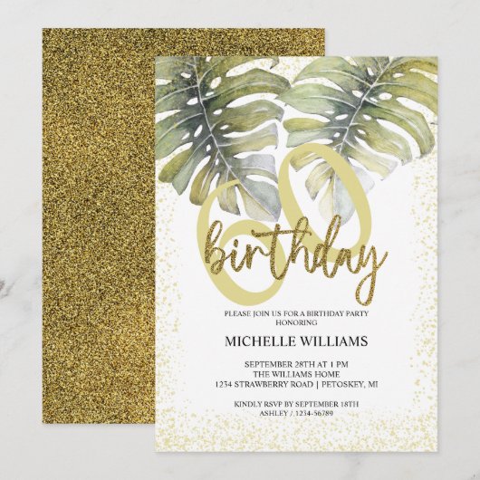 エレガントな輝きのゴールドカリグラフィー誕生日 招待状 (正面/裏面)