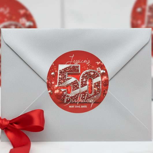エレガントな輝きの赤と銀の50歳の誕生日 ラウンドシール