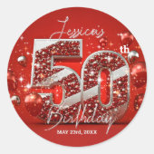 エレガントな輝きの赤と銀の50歳の誕生日 ラウンドシール (正面)