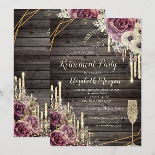 エレガントな輝きの雫, ガラス, 花の退職  招待状 (正面/裏面)