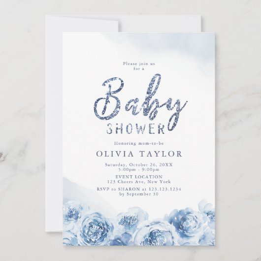 エレガントな輝きの青い花のベイビーシャワー 招待状 (正面)