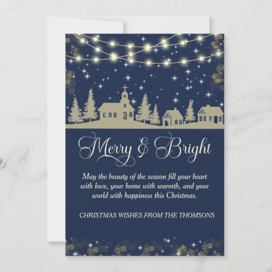 エレガントな輝きを放つネイビーブルーゴールドのウィンタービレッジ シーズンカード (正面)