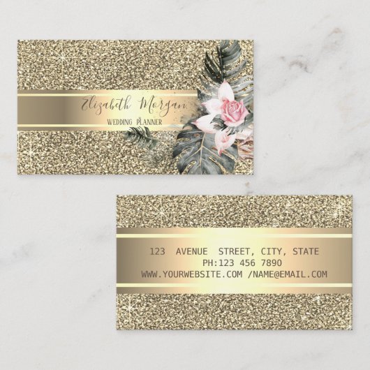 エレガントな輝き , ゴールドのストライプ, パームリーフ, ローズ 名刺 (正面/裏面)