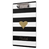 エレガントな輝き  偽のゴールドグリッター ハート オン ストライプ クリップボード (左)