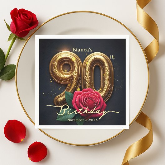 エレガントな輝き 赤薔薇 ゴールド 90歳の誕生日 スタンダードカクテルナプキン