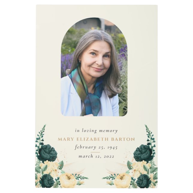 エレガントな追悼写真 花の装飾 ティール クリーム メタルプリント (正面)