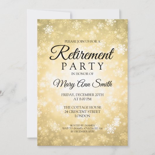 エレガントな退職パーティーの金ゴールドの冬の不思議の国 招待状 (正面)