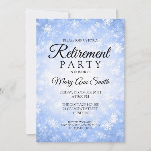 エレガントな退職パーティーの青い冬の不思議の国 招待状 (正面)