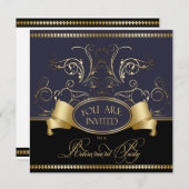 エレガントな退職パーティー招待状 青と金 招待状 (正面/裏面)