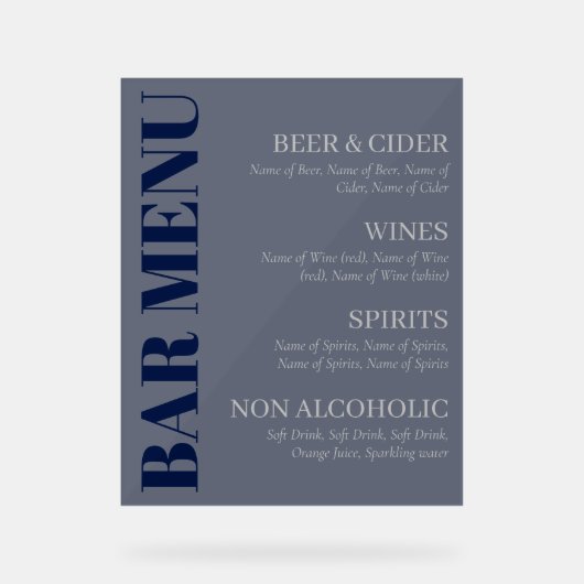 エレガントな透明なネイビーグレーのタイポグラフィバーメニュー アクリルサイン (正面)