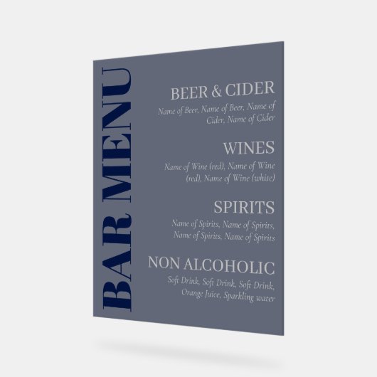エレガントな透明なネイビーグレーのタイポグラフィバーメニュー アクリルサイン (傾斜)