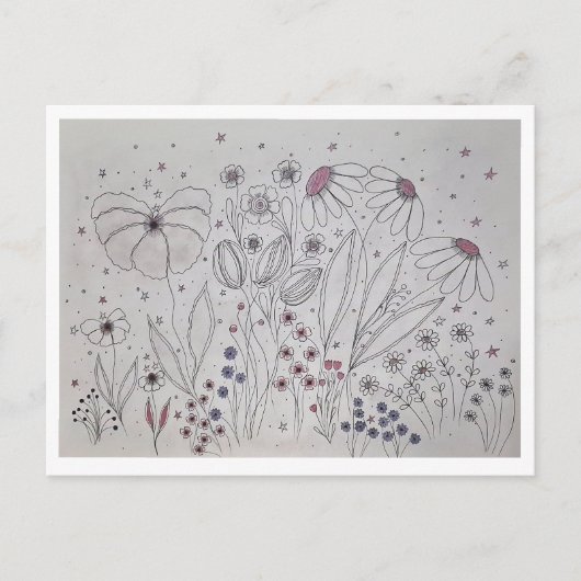 エレガントな野の花の草原ラインアート 案内ポストカード (正面)