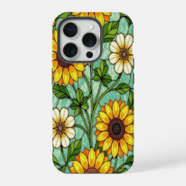 エレガントな野の花 ヒマワリ シロツメクサ ステンドグラス iPhone 15 PROケース