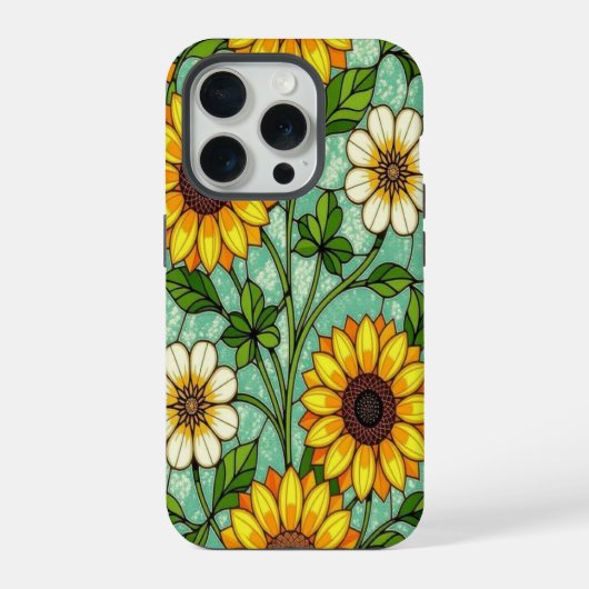 エレガントな野の花 ヒマワリ シロツメクサ ステンドグラス iPhoneケース (裏面)