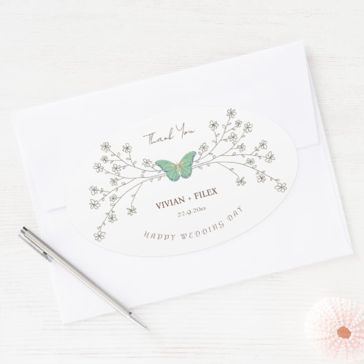 エレガントな野生の花と蝶の感謝 楕円形シール (封筒)