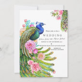 エレガントな野生の花のピーコック インドの結婚式 ファンシー 招待状 (正面)