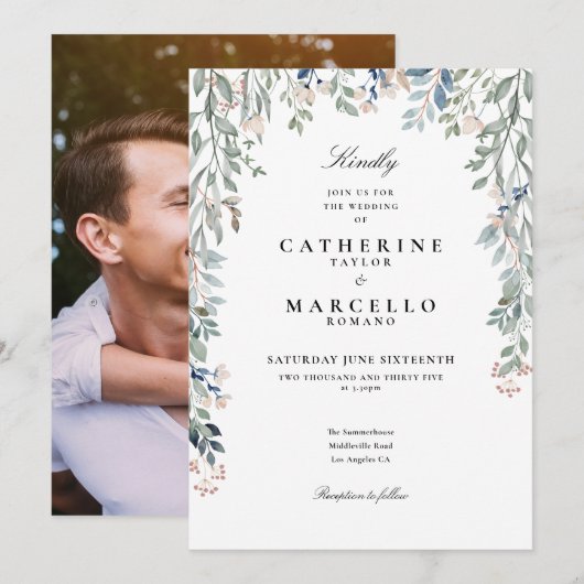 エレガントな野生の花の花束 ウェディング フォト 招待状 (正面/裏面)