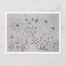 エレガントな野生の花の草原のラインアート シーズンポストカード