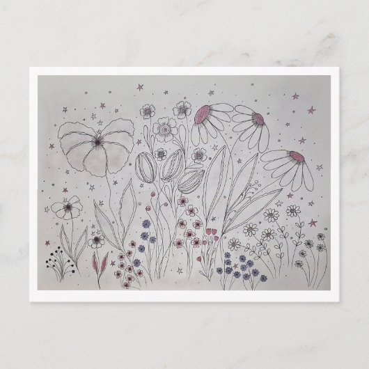 エレガントな野生の花の草原のラインアート シーズンポストカード (正面)