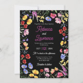 エレガントな野生の花の黒い結婚式 招待状 (正面)