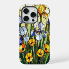 エレガントな野生の花アイリス・キンポウゲのステンドグラス iPhone 15 PROケース