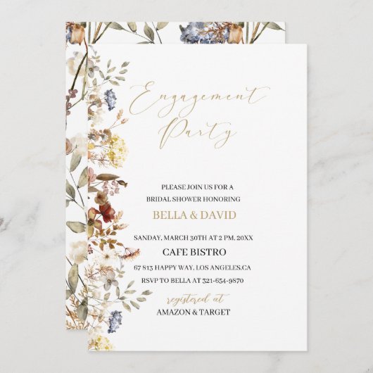 エレガントな野生花の花の婚約招待状 招待状 (正面/裏面)