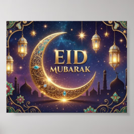 エレガントな金とネイビーブルーのEid Mubarak ポスター