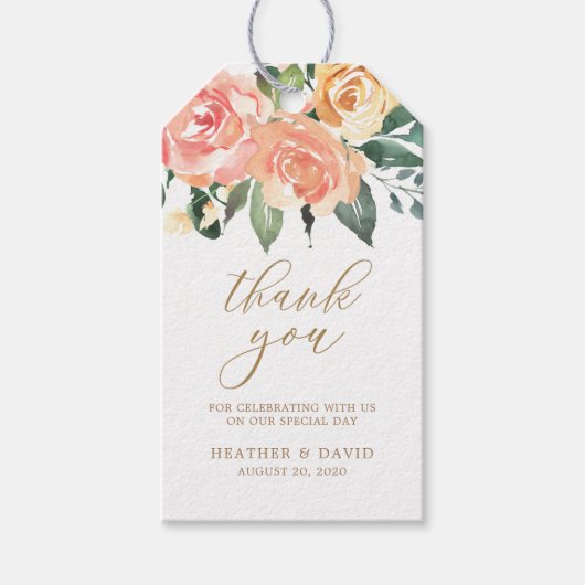 エレガントな金と桃の花の結婚式の好意タグ ギフトタグ (正面)
