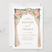 エレガントな金ゴールドおよびモモの花のアーチの結婚式 招待状 (正面)