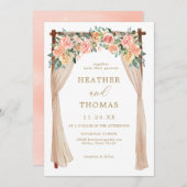 エレガントな金ゴールドおよびモモの花のアーチの結婚式 招待状 (正面/裏面)