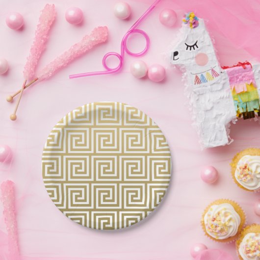 エレガントな金ゴールドおよび白いギリシャの主パターン ペーパープレート (パーティー)