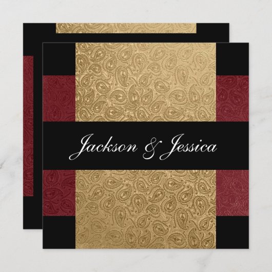 エレガントな金ゴールドのえんじ色のペイズリーの婚約パーティ 招待状 (正面/裏面)