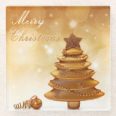 エレガントな金ゴールドのクリスマスツリー ガラスコースター (正面)